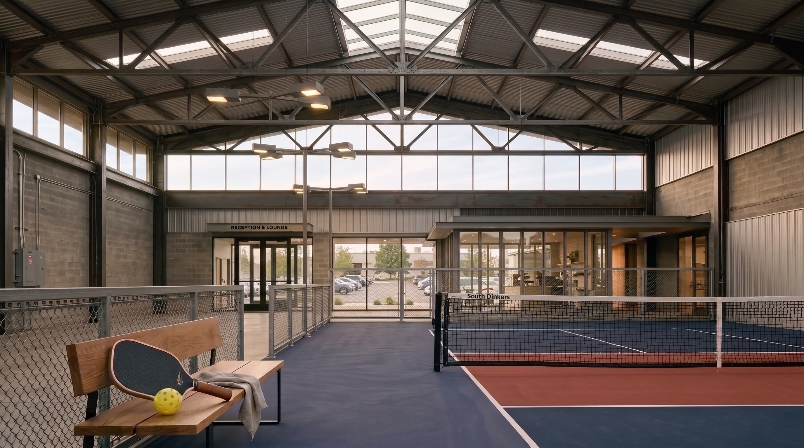 Paddle and ball on a bench beside the court, reception behind